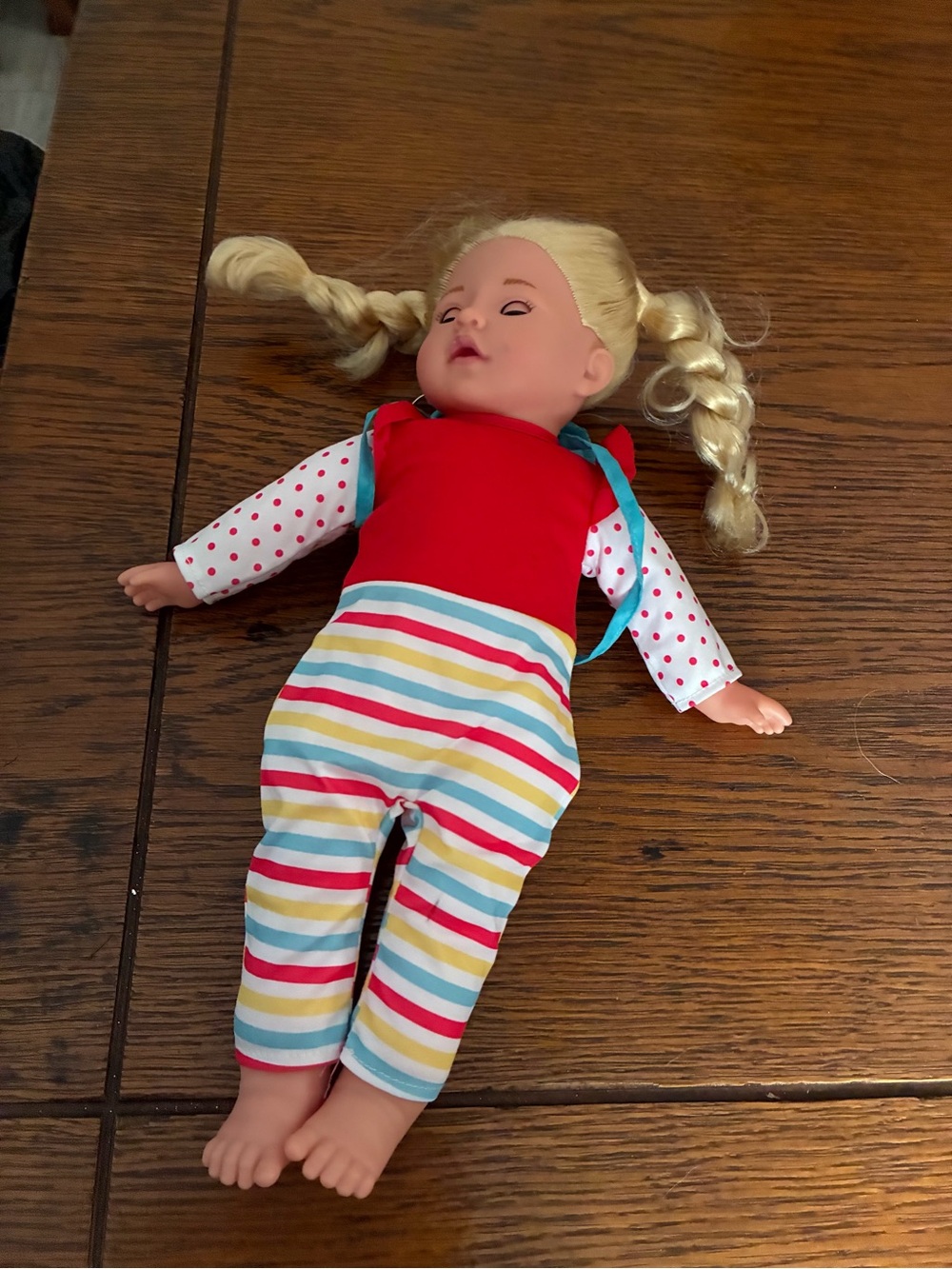 Blonde Braided Hair Play Doll in Red & Multicolor Stripes